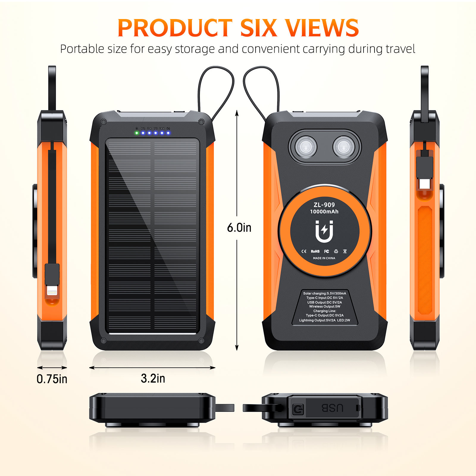 ORANGLES New 10000mAh Magnetic Wireless Solar Power Bank – Built-in Cable Fast Charging Portable Outdoor Battery Charger with LED Display - detailed closeup view - illustrating benefits - Image 3 of 6 | created for all | Shop New 10000mAh Magnetic Wireless Solar Power Bank – Built-in Cable Fast Charging Portable Outdoor Battery Charger with LED Display North Carolina | Free Shipping ORANGLES
