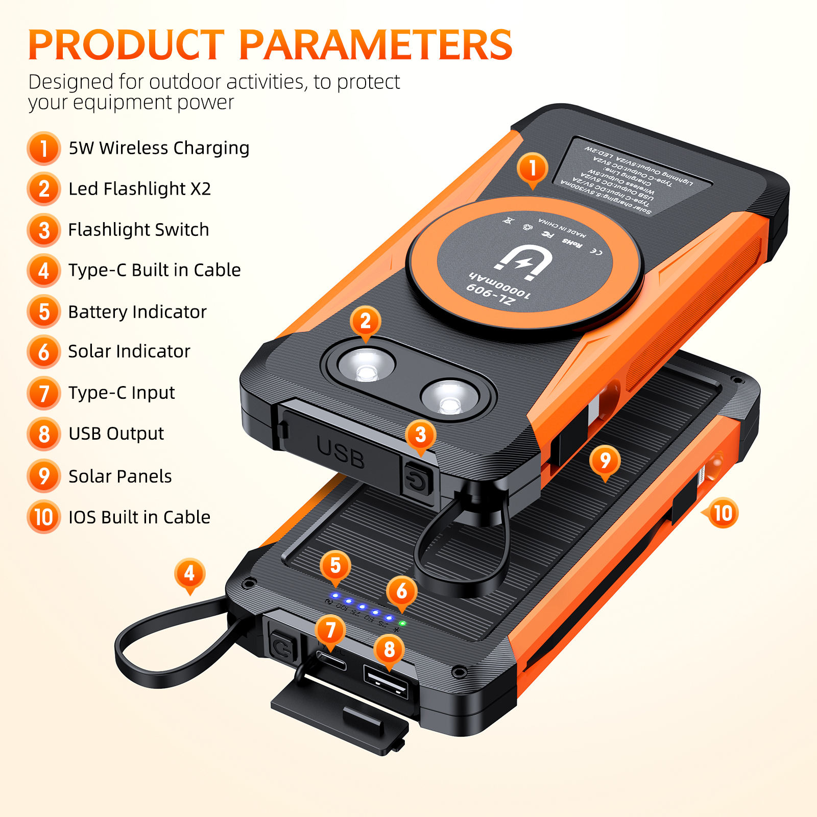 ORANGLES New 10000mAh Magnetic Wireless Solar Power Bank – Built-in Cable Fast Charging Portable Outdoor Battery Charger with LED Display - elegant presentation - exhibiting components - Image 6 of 6 | ideal for home | Discount on New 10000mAh Magnetic Wireless Solar Power Bank – Built-in Cable Fast Charging Portable Outdoor Battery Charger with LED Display Virginia | Free Shipping ORANGLES