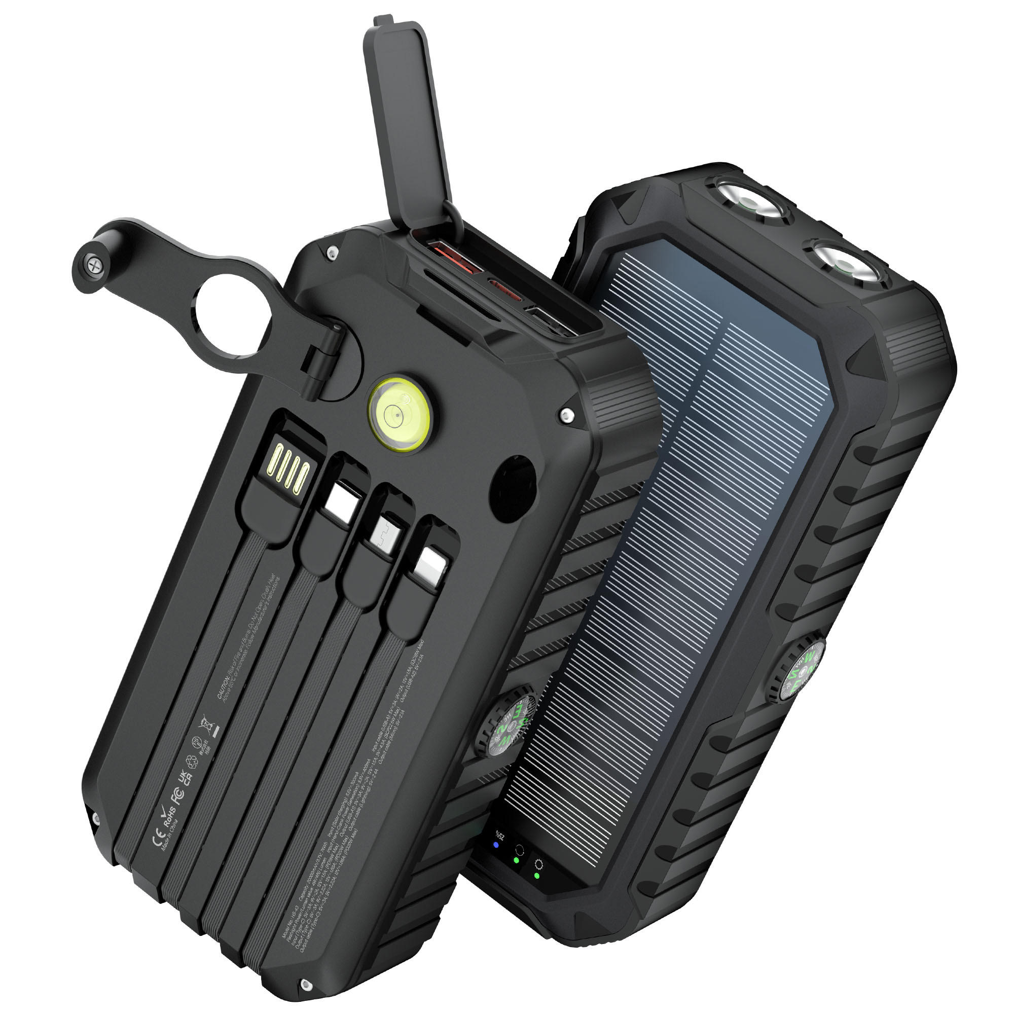 20000mAh Solar Power Bank – High Capacity Portable Charger with Built-in PD 20W Fast Charging Cable & Hand Crank Emergency Power Supply