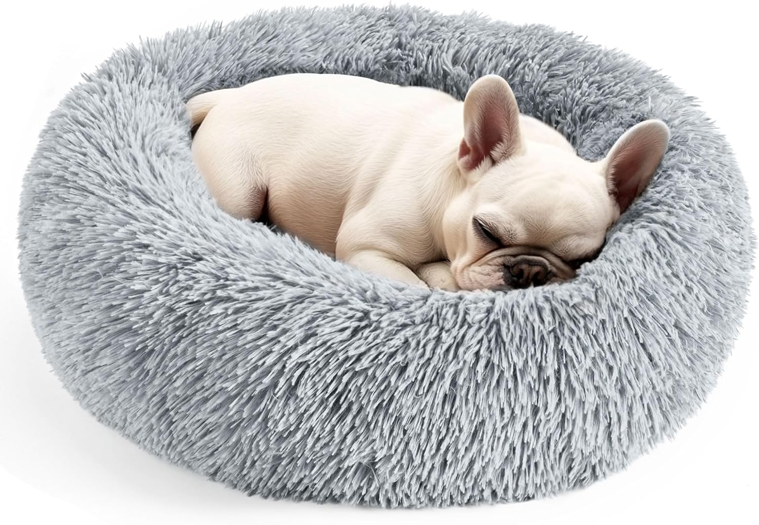 Hoewina Calming Donut Pet Bed 20in Light Grey | Washable Fluffy Dog & Cat Bed for Small & Medium Pets