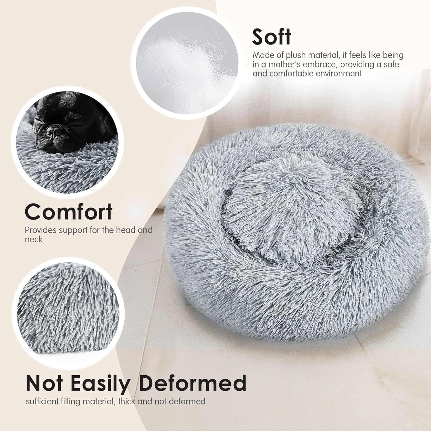 ORANGLES Hoewina Calming Donut Pet Bed 20in Light Grey | Washable Fluffy Dog & Cat Bed for Small & Medium Pets - angled perspective - Image 4 of 7 | excellent for daily use | New York | Free Shipping ORANGLES