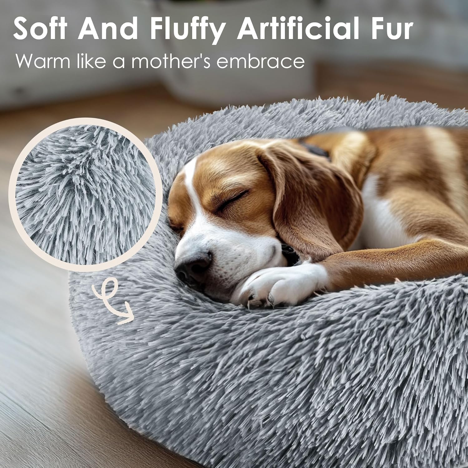 ORANGLES Hoewina Calming Donut Pet Bed 20in Light Grey | Washable Fluffy Dog & Cat Bed for Small & Medium Pets - full product showcase - Image 5 of 7 | suitable for professionals | Florida | Free Shipping ORANGLES