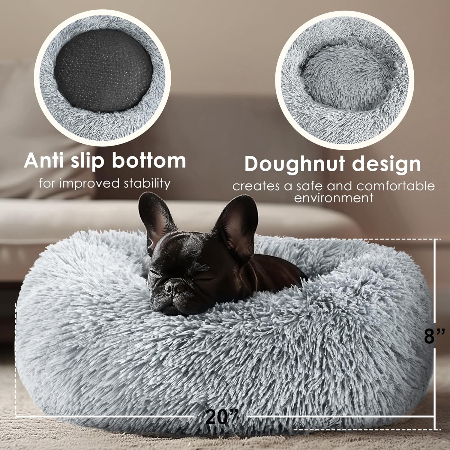 ORANGLES Hoewina Calming Donut Pet Bed 20in Light Grey | Washable Fluffy Dog & Cat Bed for Small & Medium Pets - elegant presentation - Image 6 of 7 | designed for enthusiasts | Illinois | Free Shipping ORANGLES
