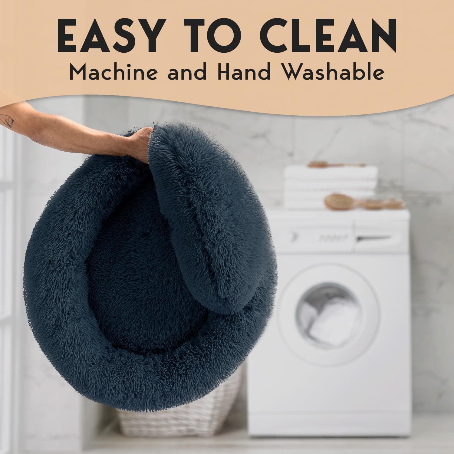 ORANGLES PetJett 30'' Calming Donut Dog Bed Dark Grey | Washable Anti-Anxiety Plush Pet Bed for Medium Dogs up to 45 lbs - detailed closeup view - illustrating benefits - Image 3 of 8 | created for all | Shop PetJett 30'' Calming Donut Dog Bed Dark Grey | Washable Anti-Anxiety Plush Pet Bed for Medium Dogs up to 45 lbs North Carolina | Free Shipping ORANGLES