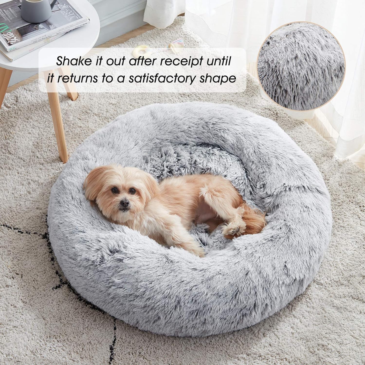 ORANGLES WESTERN HOME WH Calming Donut Dog & Cat Bed Light Grey | Soft Faux Fur Anti-Anxiety Round Pet Bed 20–30 Inch - full product showcase - displaying specifications - Image 5 of 6 | adapts to any space | WESTERN HOME WH Calming Donut Dog & Cat Bed Light Grey | Soft Faux Fur Anti-Anxiety Round Pet Bed 20–30 Inch deal New Jersey | Free Shipping ORANGLES