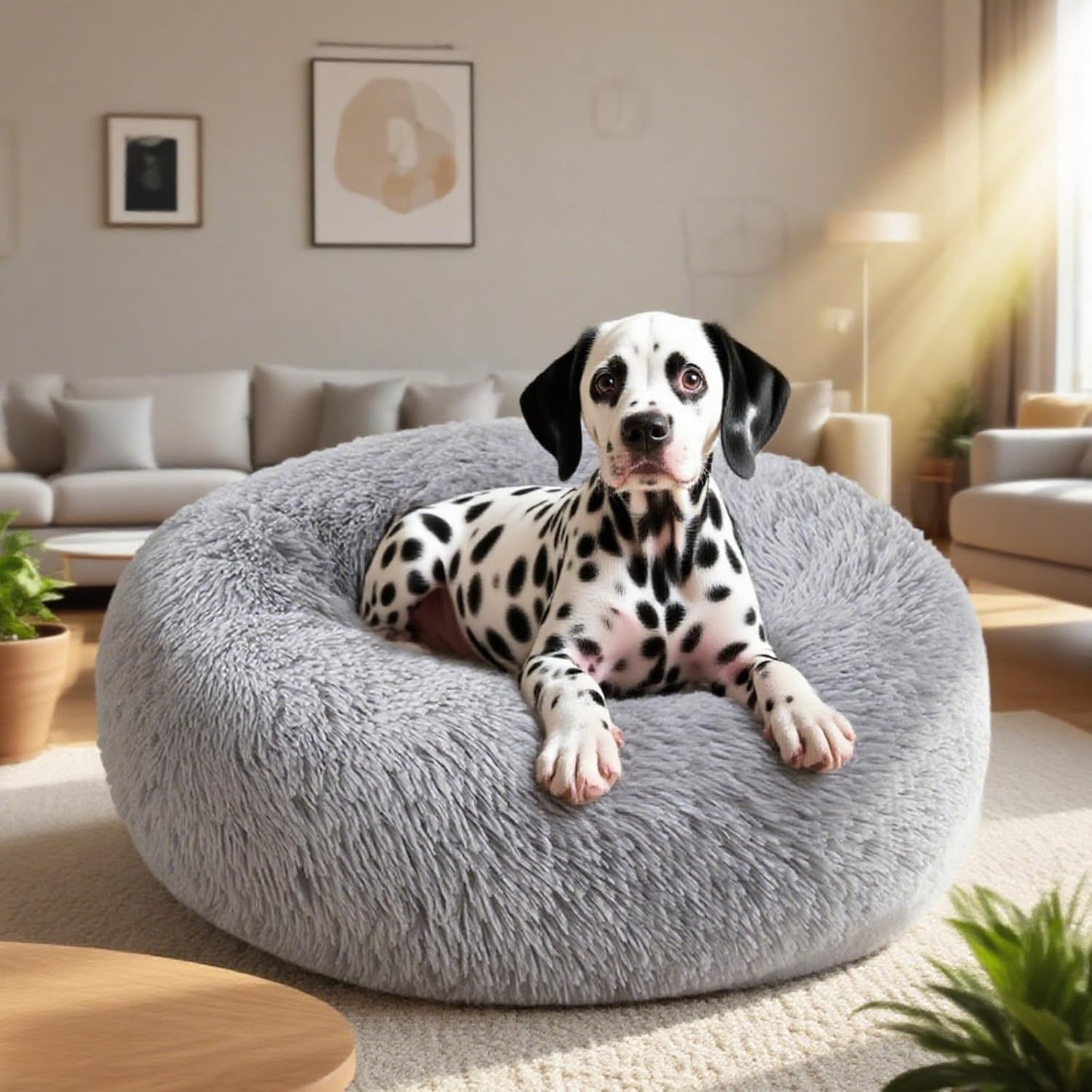 ORANGLES 20 Inch Calming Round Dog & Cat Bed | Washable Soft Plush Pet Bed for Small, Medium & Large Pets with Non-Slip Bottom - angled perspective - presenting advantages - Image 4 of 6 | fits any environment | Purchase 20 Inch Calming Round Dog & Cat Bed | Washable Soft Plush Pet Bed for Small, Medium & Large Pets with Non-Slip Bottom Michigan | Free Shipping ORANGLES