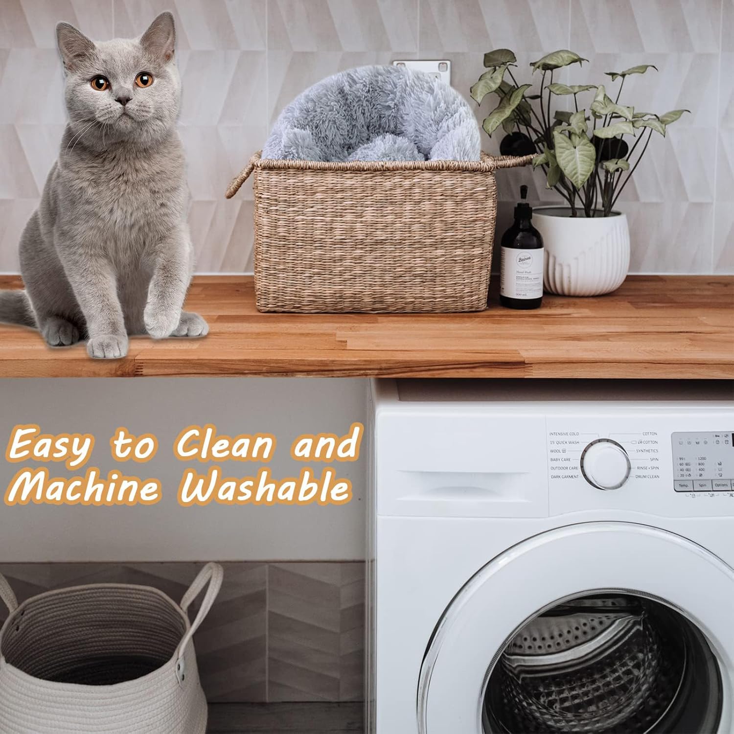 ORANGLES 20 Inch Calming Round Dog & Cat Bed | Washable Soft Plush Pet Bed for Small, Medium & Large Pets with Non-Slip Bottom - full product showcase - displaying specifications - Image 5 of 6 | adapts to any space | 20 Inch Calming Round Dog & Cat Bed | Washable Soft Plush Pet Bed for Small, Medium & Large Pets with Non-Slip Bottom deal New Jersey | Free Shipping ORANGLES