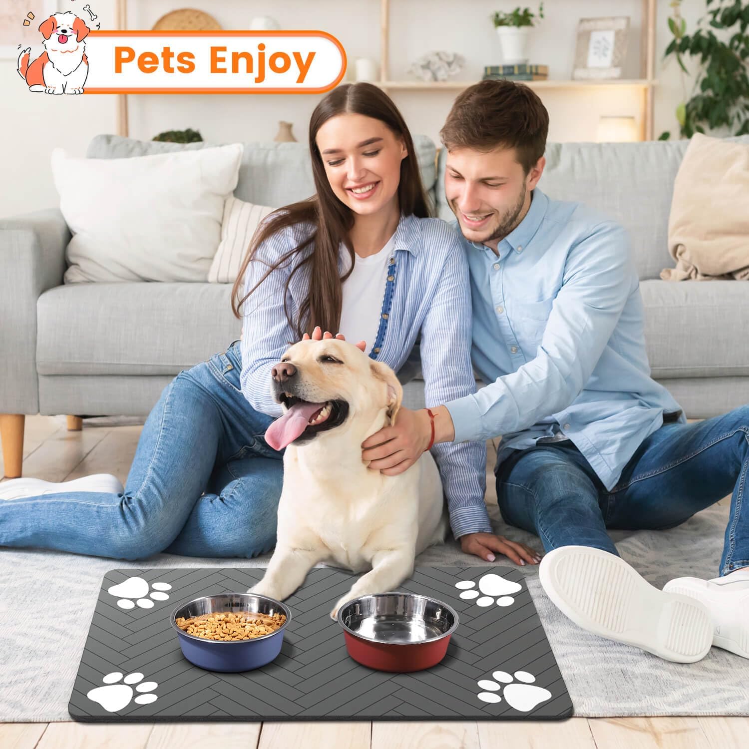 ORANGLES Pet Feeding Mat 20"x12" Absorbent Waterproof Placemat | Quick Dry Dog & Cat Bowl Mat with Rubber Backing Dark Gray - detailed closeup view - illustrating benefits - Image 3 of 6 | created for all | Shop Pet Feeding Mat 20"x12" Absorbent Waterproof Placemat | Quick Dry Dog & Cat Bowl Mat with Rubber Backing Dark Gray North Carolina | Free Shipping ORANGLES