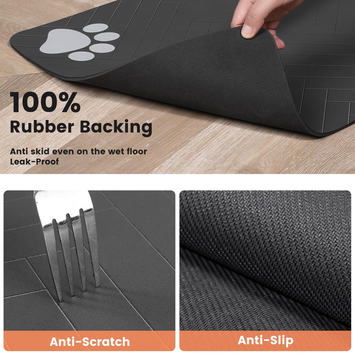ORANGLES Pet Feeding Mat 20"x12" Absorbent Waterproof Placemat | Quick Dry Dog & Cat Bowl Mat with Rubber Backing Dark Gray - full product showcase - displaying specifications - Image 5 of 6 | adapts to any space | Pet Feeding Mat 20"x12" Absorbent Waterproof Placemat | Quick Dry Dog & Cat Bowl Mat with Rubber Backing Dark Gray deal New Jersey | Free Shipping ORANGLES