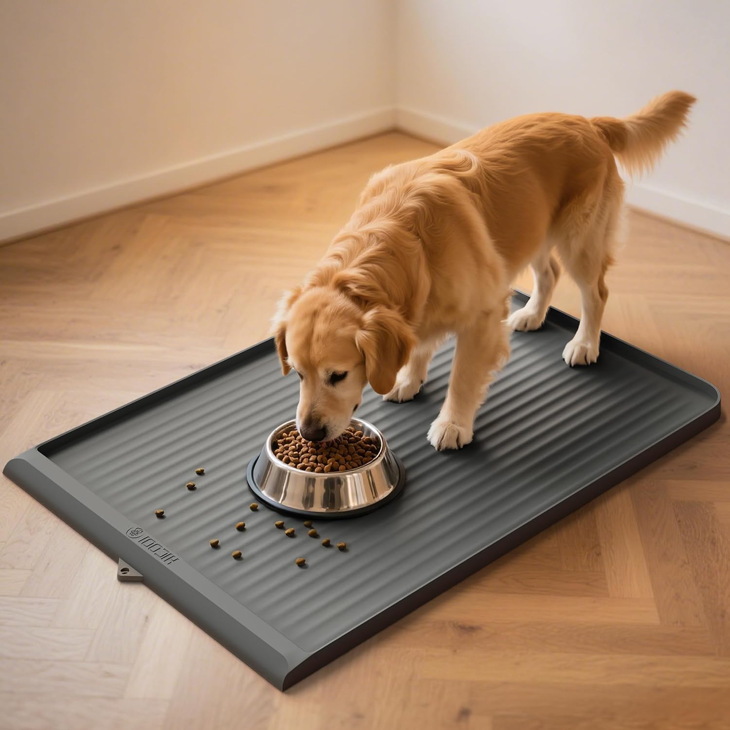 ORANGLES Dog Food Mat 36"x24" Waterproof Non-Slip | Raised Edge Pet Feeding Mat with Drainage Grooves for Dogs & Cats Grey  - Main Product Image - professional product shot revealing details | Best price Dog Food Mat 36"x24" Waterproof Non-Slip | Raised Edge Pet Feeding Mat with Drainage Grooves for Dogs & Cats Grey authentic product Ohio | ORANGLES