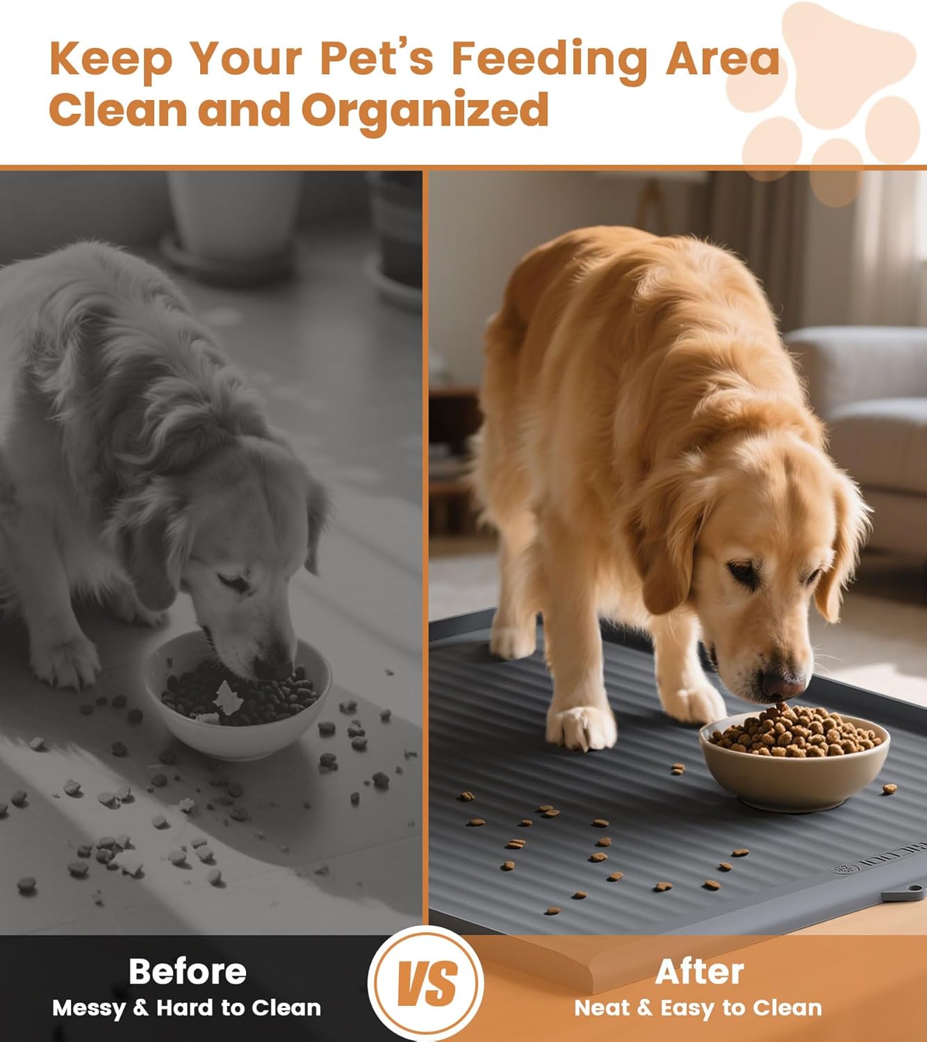 ORANGLES Dog Food Mat 36"x24" Waterproof Non-Slip | Raised Edge Pet Feeding Mat with Drainage Grooves for Dogs & Cats Grey - high resolution display - exposing craftsmanship - Image 2 of 6 | built for everyone | Dog Food Mat 36"x24" Waterproof Non-Slip | Raised Edge Pet Feeding Mat with Drainage Grooves for Dogs & Cats Grey for sale Georgia | Free Shipping ORANGLES