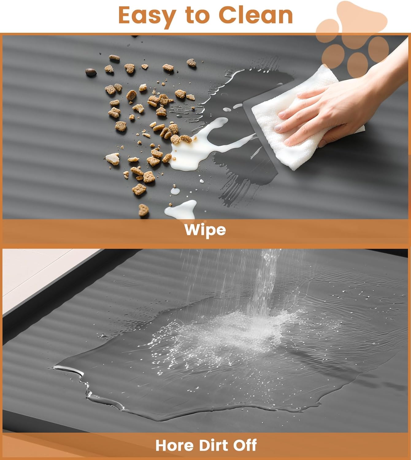 ORANGLES Dog Food Mat 36"x24" Waterproof Non-Slip | Raised Edge Pet Feeding Mat with Drainage Grooves for Dogs & Cats Grey - detailed closeup view - illustrating benefits - Image 3 of 6 | created for all | Shop Dog Food Mat 36"x24" Waterproof Non-Slip | Raised Edge Pet Feeding Mat with Drainage Grooves for Dogs & Cats Grey North Carolina | Free Shipping ORANGLES