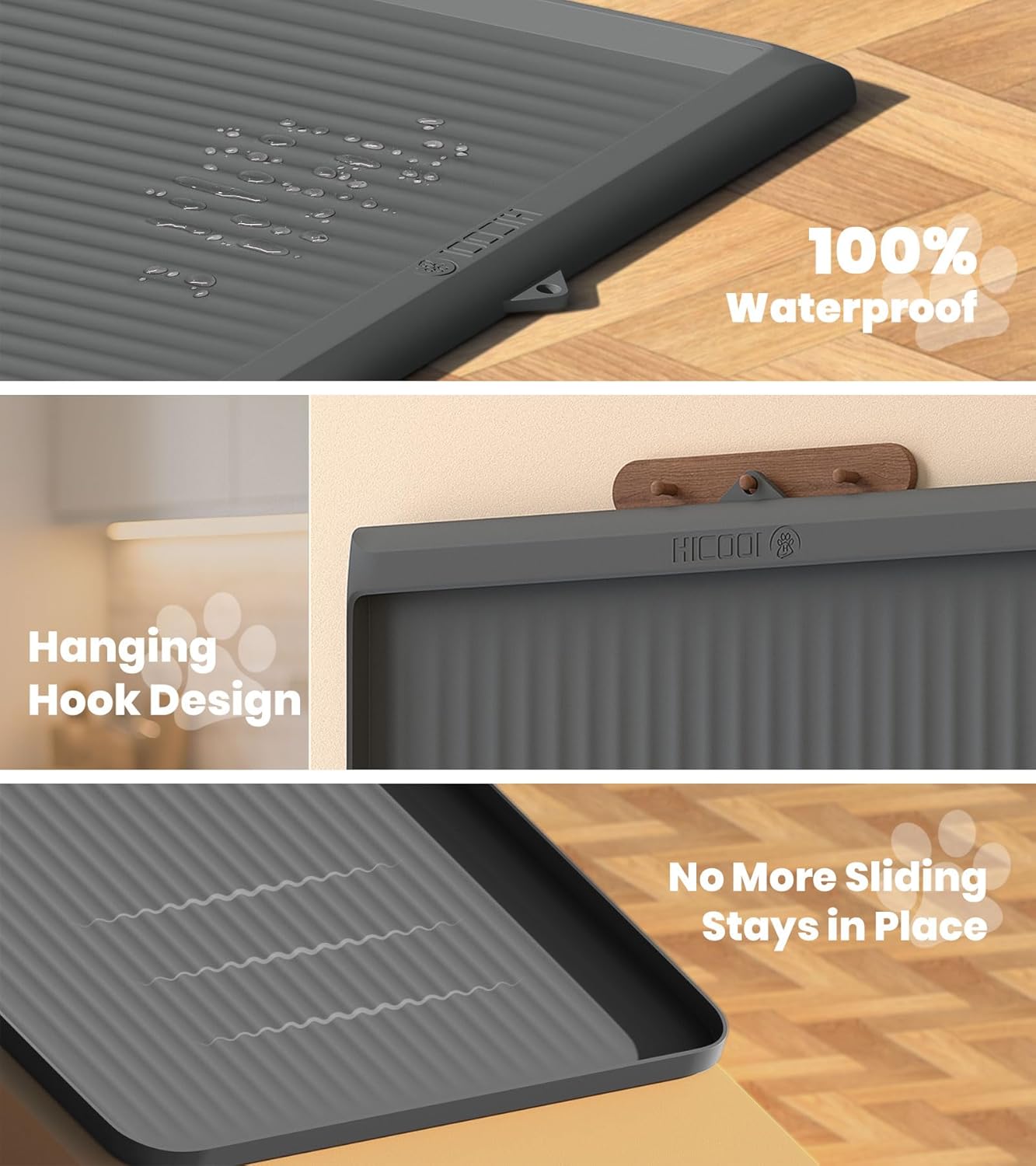 ORANGLES Dog Food Mat 36"x24" Waterproof Non-Slip | Raised Edge Pet Feeding Mat with Drainage Grooves for Dogs & Cats Grey - angled perspective - presenting advantages - Image 4 of 6 | fits any environment | Purchase Dog Food Mat 36"x24" Waterproof Non-Slip | Raised Edge Pet Feeding Mat with Drainage Grooves for Dogs & Cats Grey Michigan | Free Shipping ORANGLES