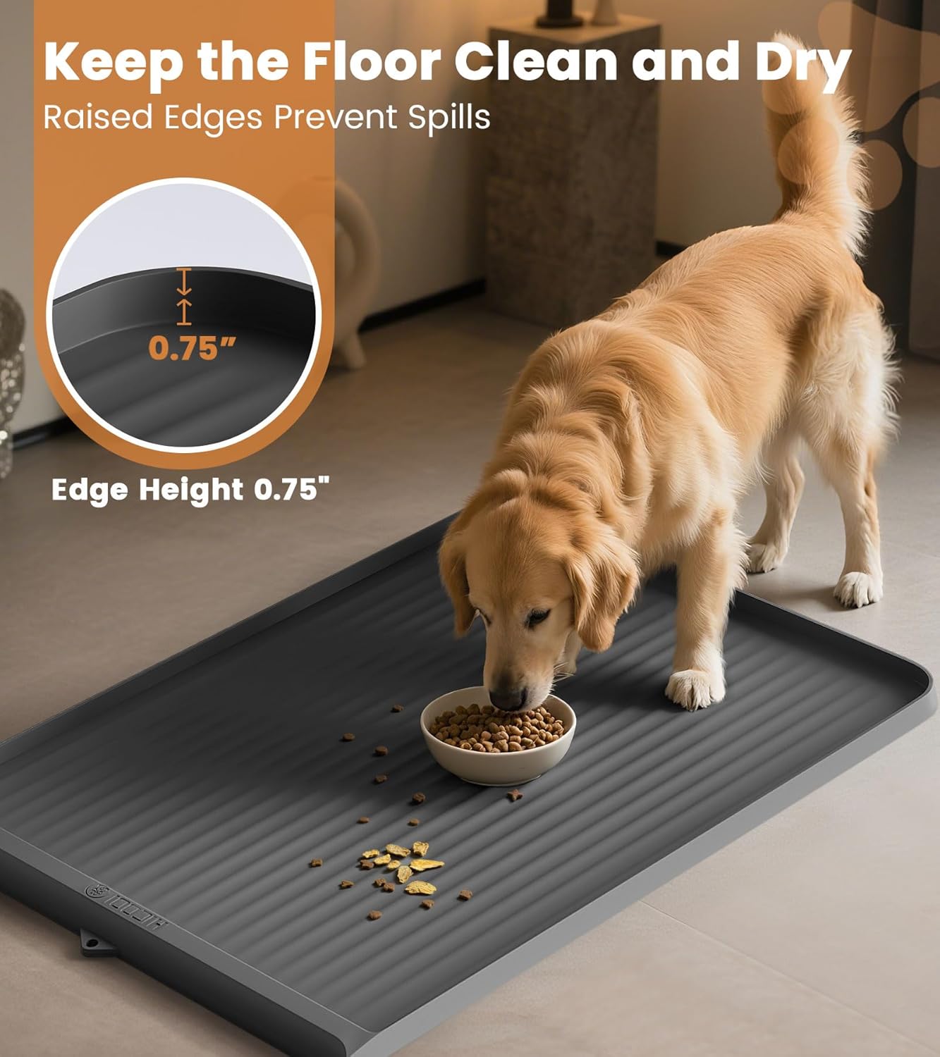 ORANGLES Dog Food Mat 36"x24" Waterproof Non-Slip | Raised Edge Pet Feeding Mat with Drainage Grooves for Dogs & Cats Grey - full product showcase - displaying specifications - Image 5 of 6 | adapts to any space | Dog Food Mat 36"x24" Waterproof Non-Slip | Raised Edge Pet Feeding Mat with Drainage Grooves for Dogs & Cats Grey deal New Jersey | Free Shipping ORANGLES