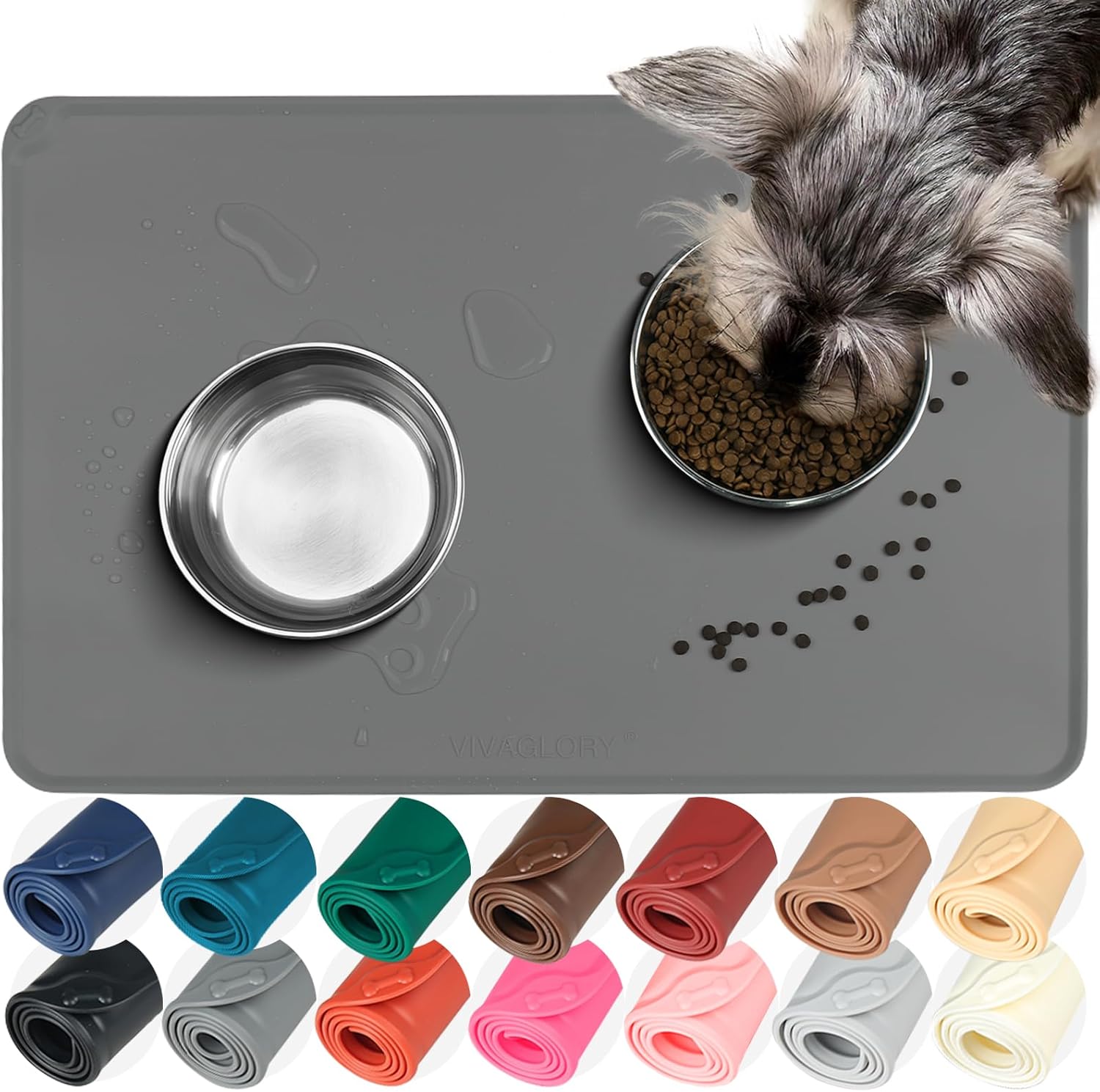 ORANGLES VIVAGLORY Flexmat Silicone Dog Food Mat S Grey | Non-Slip Waterproof Pet Bowl Placemat with Raised Edges & Lip  - Main Product Image - professional product shot revealing details | Best price VIVAGLORY Flexmat Silicone Dog Food Mat S Grey | Non-Slip Waterproof Pet Bowl Placemat with Raised Edges & Lip authentic product Ohio | ORANGLES
