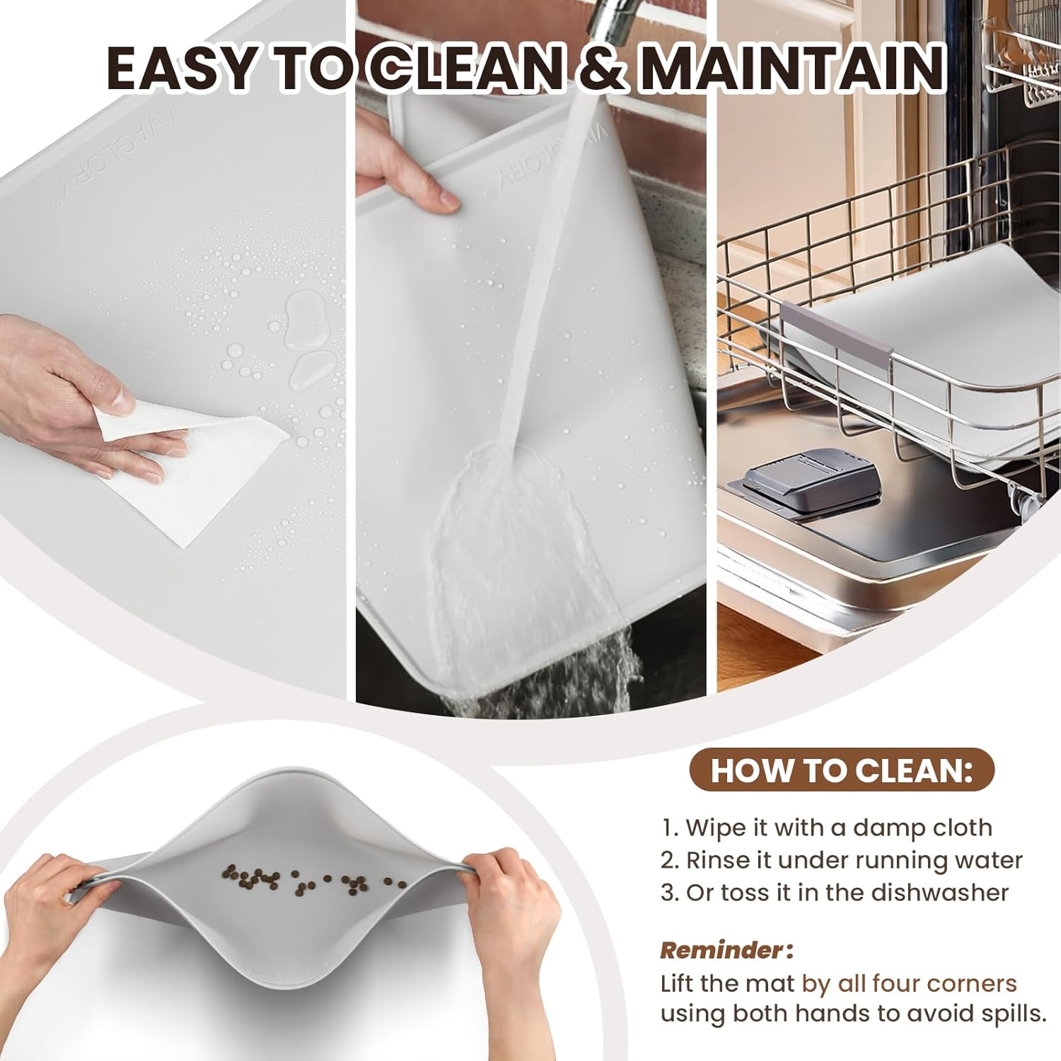 ORANGLES VIVAGLORY Flexmat Silicone Dog Food Mat S Grey | Non-Slip Waterproof Pet Bowl Placemat with Raised Edges & Lip - angled perspective - presenting advantages - Image 4 of 8 | fits any environment | Purchase VIVAGLORY Flexmat Silicone Dog Food Mat S Grey | Non-Slip Waterproof Pet Bowl Placemat with Raised Edges & Lip Michigan | Free Shipping ORANGLES