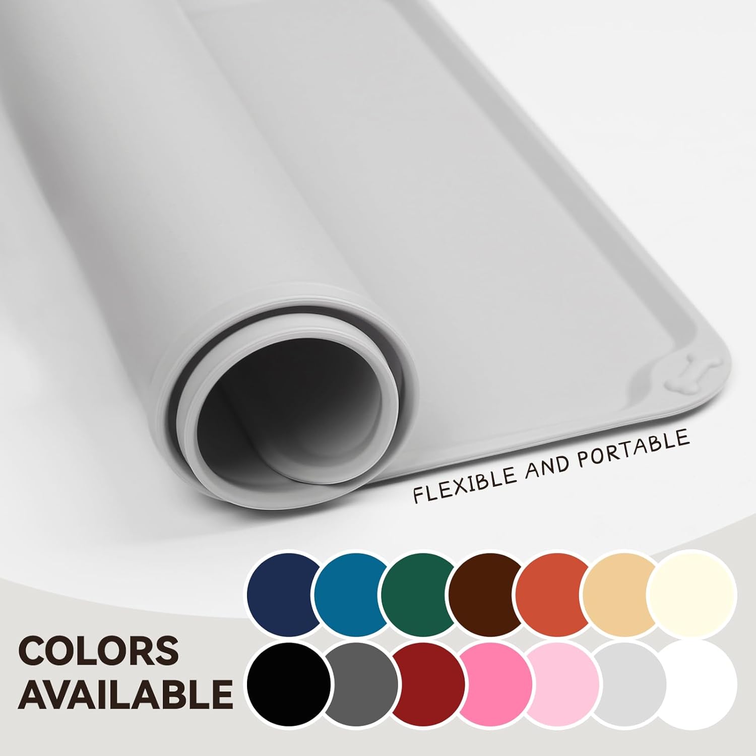 ORANGLES VIVAGLORY Flexmat Silicone Dog Food Mat S Grey | Non-Slip Waterproof Pet Bowl Placemat with Raised Edges & Lip - full product showcase - displaying specifications - Image 5 of 8 | adapts to any space | VIVAGLORY Flexmat Silicone Dog Food Mat S Grey | Non-Slip Waterproof Pet Bowl Placemat with Raised Edges & Lip deal New Jersey | Free Shipping ORANGLES