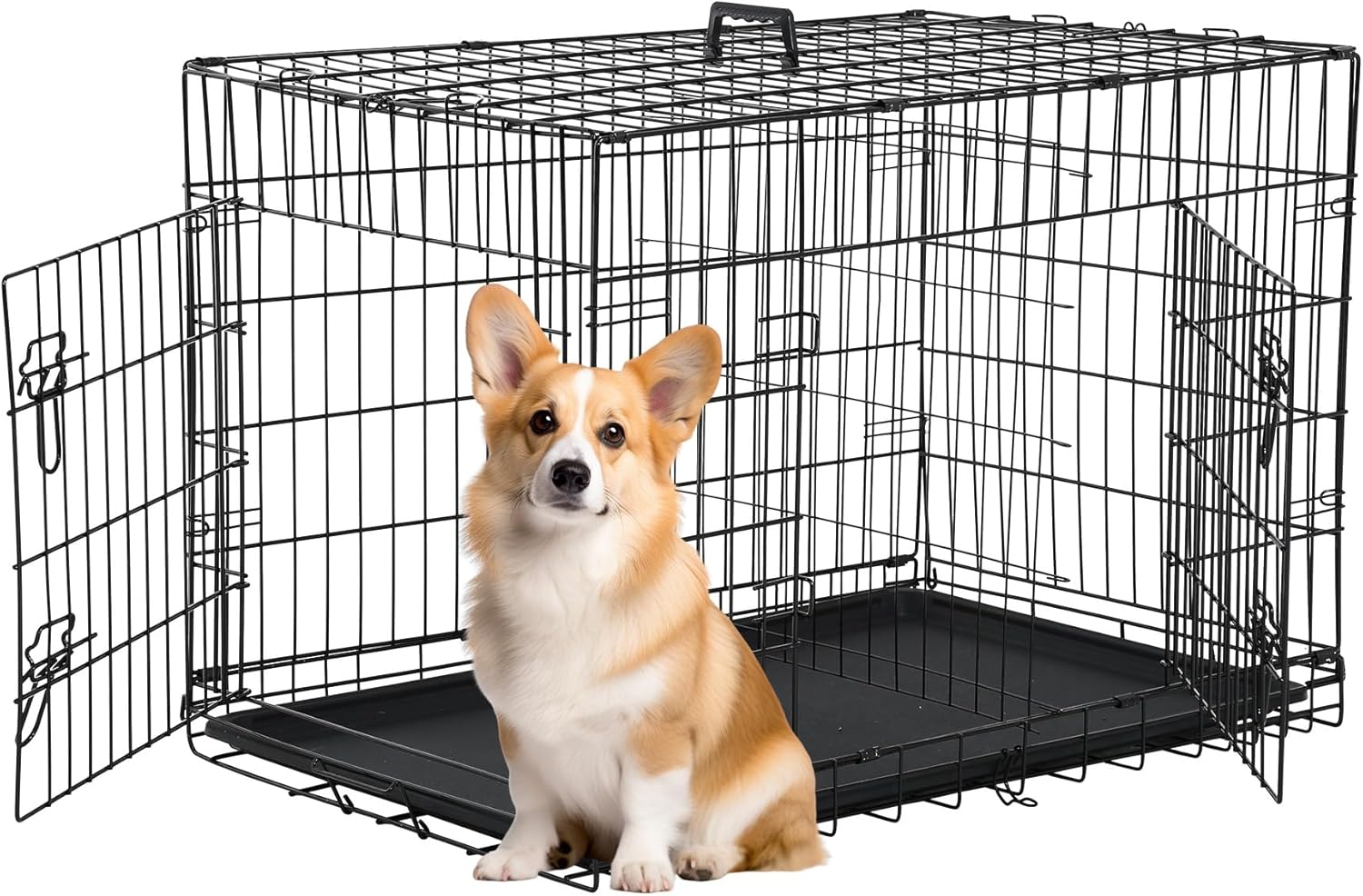 ORANGLES FDW 30 Inch Dog Crate Double Door Folding Metal Wire | Pet Kennel Cage with Divider Panel & Removable Tray for Medium Dogs Black  - Main Product Image - professional product shot revealing details | Best price FDW 30 Inch Dog Crate Double Door Folding Metal Wire | Pet Kennel Cage with Divider Panel & Removable Tray for Medium Dogs Black authentic product Ohio | ORANGLES