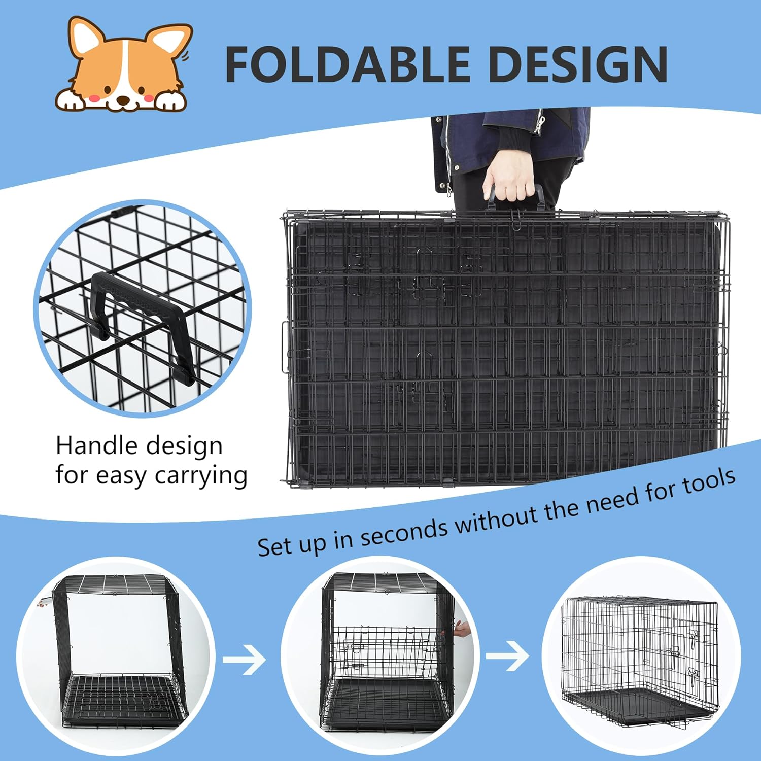 ORANGLES FDW 30 Inch Dog Crate Double Door Folding Metal Wire | Pet Kennel Cage with Divider Panel & Removable Tray for Medium Dogs Black - detailed closeup view - illustrating benefits - Image 3 of 8 | created for all | Shop FDW 30 Inch Dog Crate Double Door Folding Metal Wire | Pet Kennel Cage with Divider Panel & Removable Tray for Medium Dogs Black North Carolina | Free Shipping ORANGLES