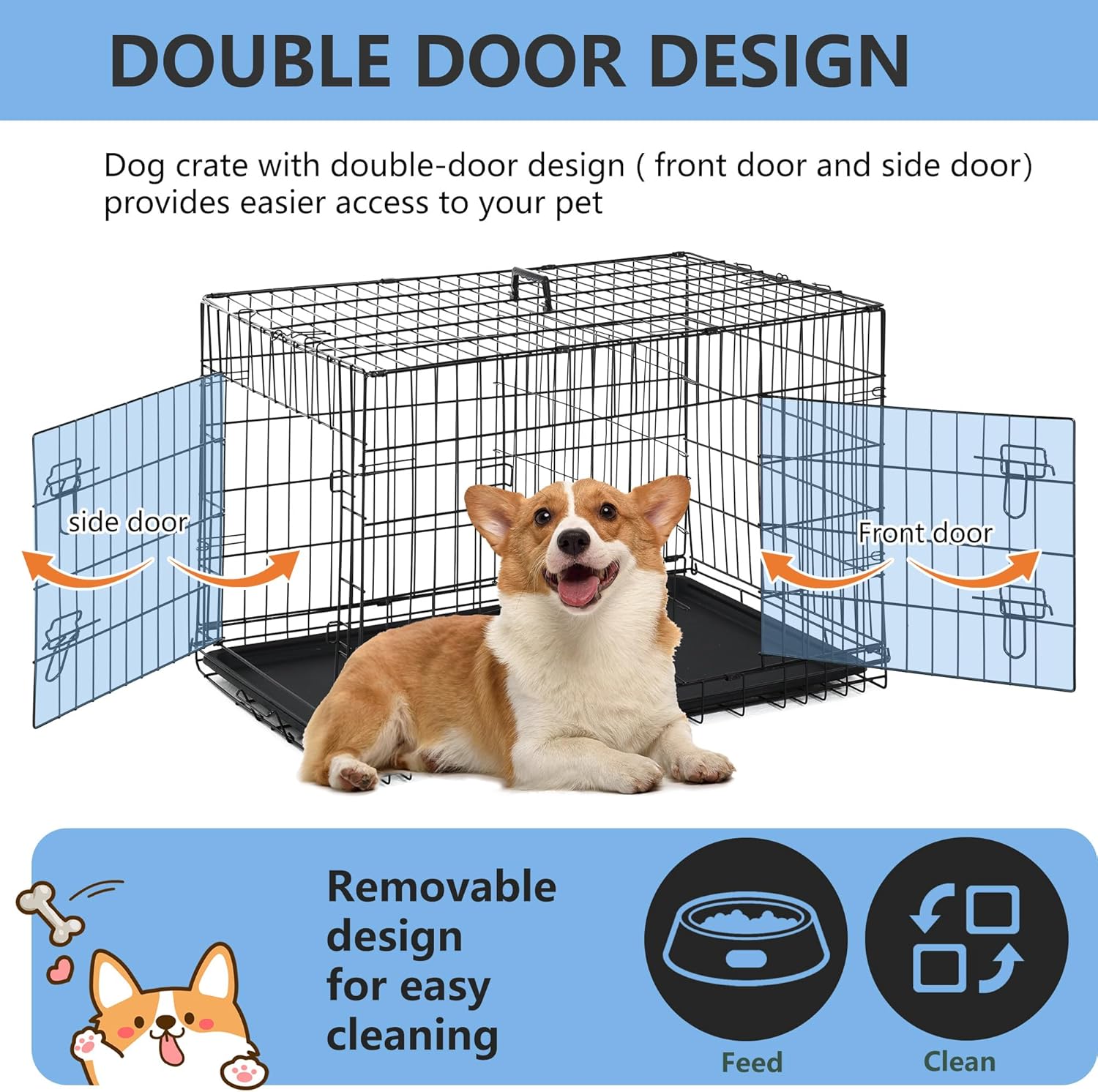 ORANGLES FDW 30 Inch Dog Crate Double Door Folding Metal Wire | Pet Kennel Cage with Divider Panel & Removable Tray for Medium Dogs Black - full product showcase - displaying specifications - Image 5 of 8 | adapts to any space | FDW 30 Inch Dog Crate Double Door Folding Metal Wire | Pet Kennel Cage with Divider Panel & Removable Tray for Medium Dogs Black deal New Jersey | Free Shipping ORANGLES