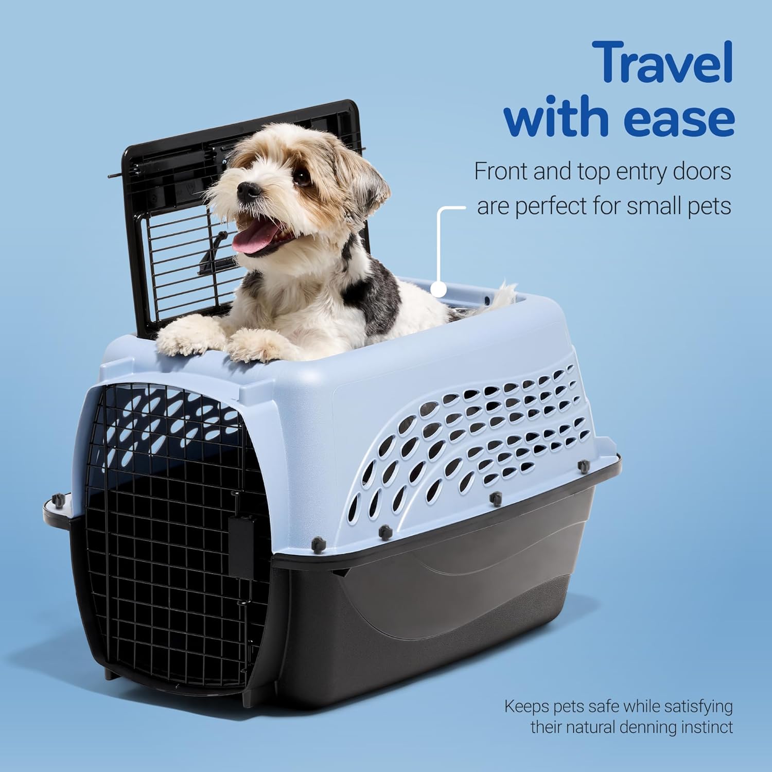 ORANGLES Petmate 24 Inch Two-Door Plastic Pet Kennel Blue | Top & Front Loading Dog Crate & Cat Carrier for Small Pets Made in USA - angled perspective - presenting advantages - Image 4 of 6 | fits any environment | Purchase Petmate 24 Inch Two-Door Plastic Pet Kennel Blue | Top & Front Loading Dog Crate & Cat Carrier for Small Pets Made in USA Michigan | Free Shipping ORANGLES