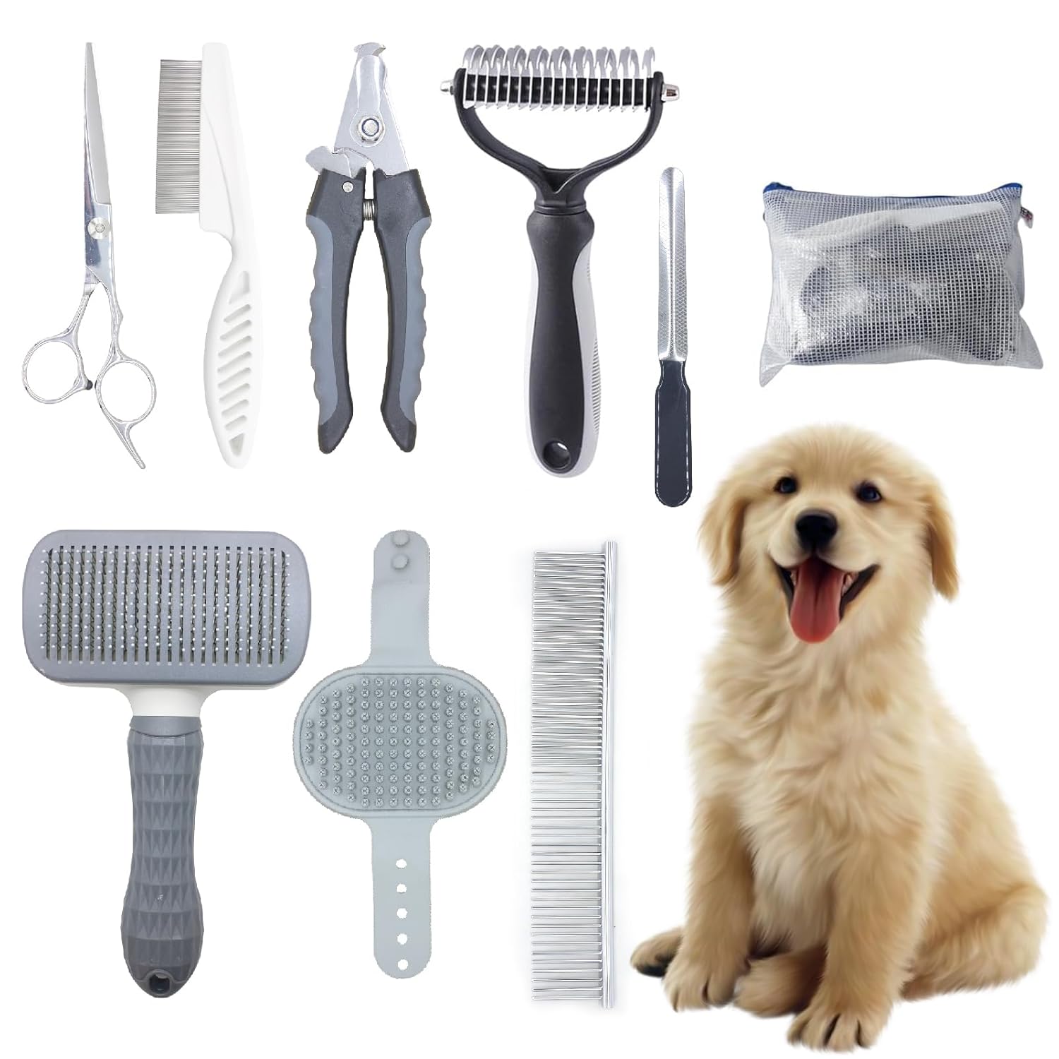 Pet Grooming Tools Kit for Dogs and Cats – 8-in-1 Home Pet Grooming Set – Includes Safety Scissors, Hair Removal Brush, Nail Clipper & File – for Small, Medium & Large Pets
