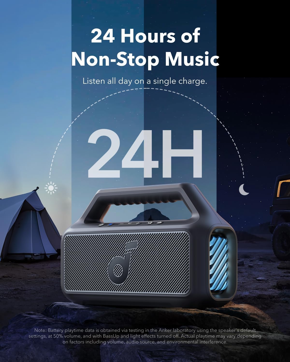 ORANGLES Soundcore Boom 2 by Anker 80W Outdoor Bluetooth Speaker | BassUp 2.0, IPX7 Waterproof, 24H Playtime, RGB Lights, Portable Camping Speaker Black - angled perspective - presenting advantages - Image 4 of 7 | fits any environment | Purchase Soundcore Boom 2 by Anker 80W Outdoor Bluetooth Speaker | BassUp 2.0, IPX7 Waterproof, 24H Playtime, RGB Lights, Portable Camping Speaker Black Michigan | Free Shipping ORANGLES