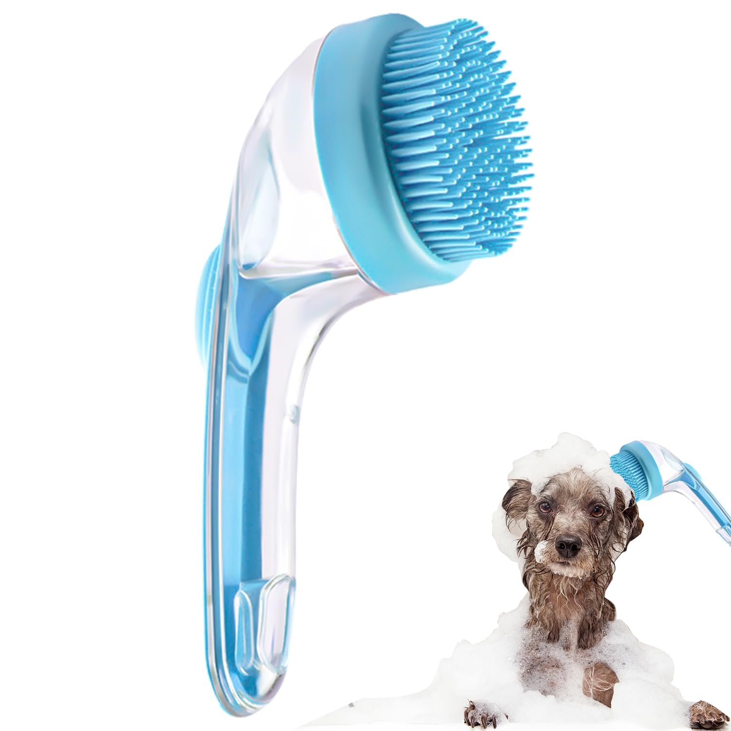 Pet Bath Brush with Shampoo Dispenser – Dog Bath & Grooming Massage Brush for Dogs & Cats – Easy Dog Washing Brush – Coarse & Fine Teeth – 2 Pcs – Blue