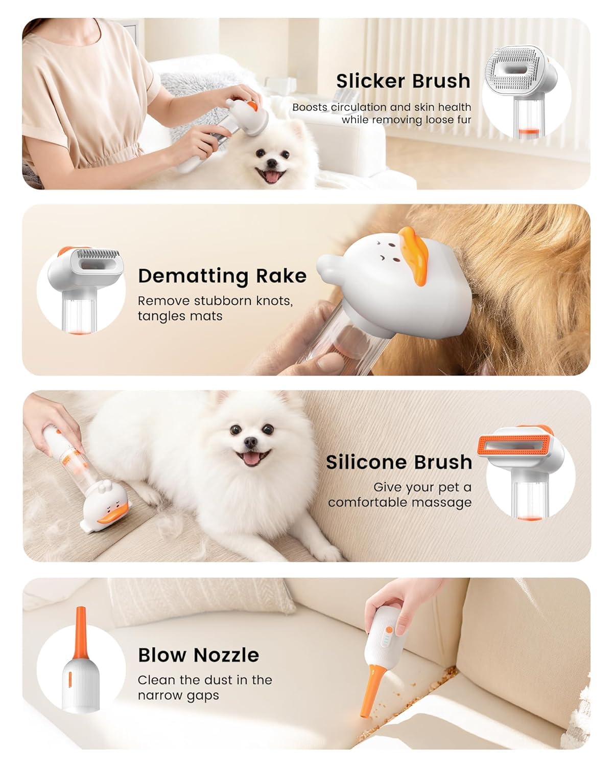 ORANGLES Vacuum Dog Brush for Shedding – 4-in-1 Self-Cleaning Slicker & Undercoat Rake – Deshedding Grooming Tool – Anti-Static, Massage & Combing – White - detailed closeup view - illustrating benefits - Image 3 of 4 | created for all | Shop Vacuum Dog Brush for Shedding – 4-in-1 Self-Cleaning Slicker & Undercoat Rake – Deshedding Grooming Tool – Anti-Static, Massage & Combing – White North Carolina | Free Shipping ORANGLES