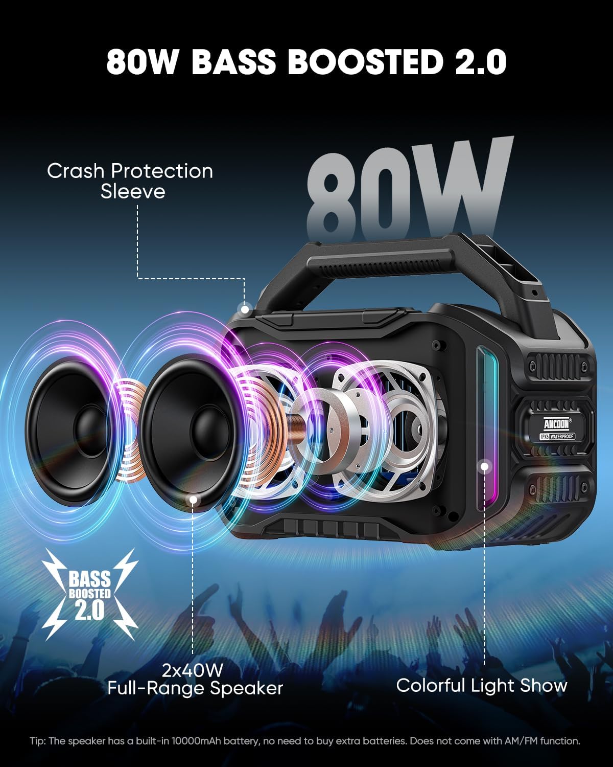 ORANGLES ANCOON 80W Peak Bluetooth Speaker | Loud Wireless Speaker with Bass, 20H Playtime, IPX6 Waterproof Jobsite & Outdoor Speaker Black - full product showcase - Image 5 of 5 | suitable for professionals | Florida | Free Shipping ORANGLES