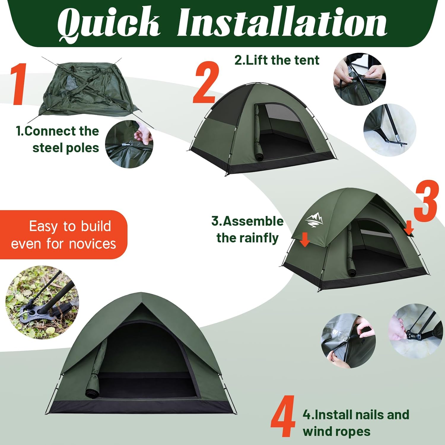 ORANGLES 2–3 Person Camping Tent Waterproof Windproof | Double Layer Dome Tent with Rainfly Easy Setup for Backpacking & Hiking - high resolution display - Image 2 of 5 | perfect for office | California | Free Shipping ORANGLES