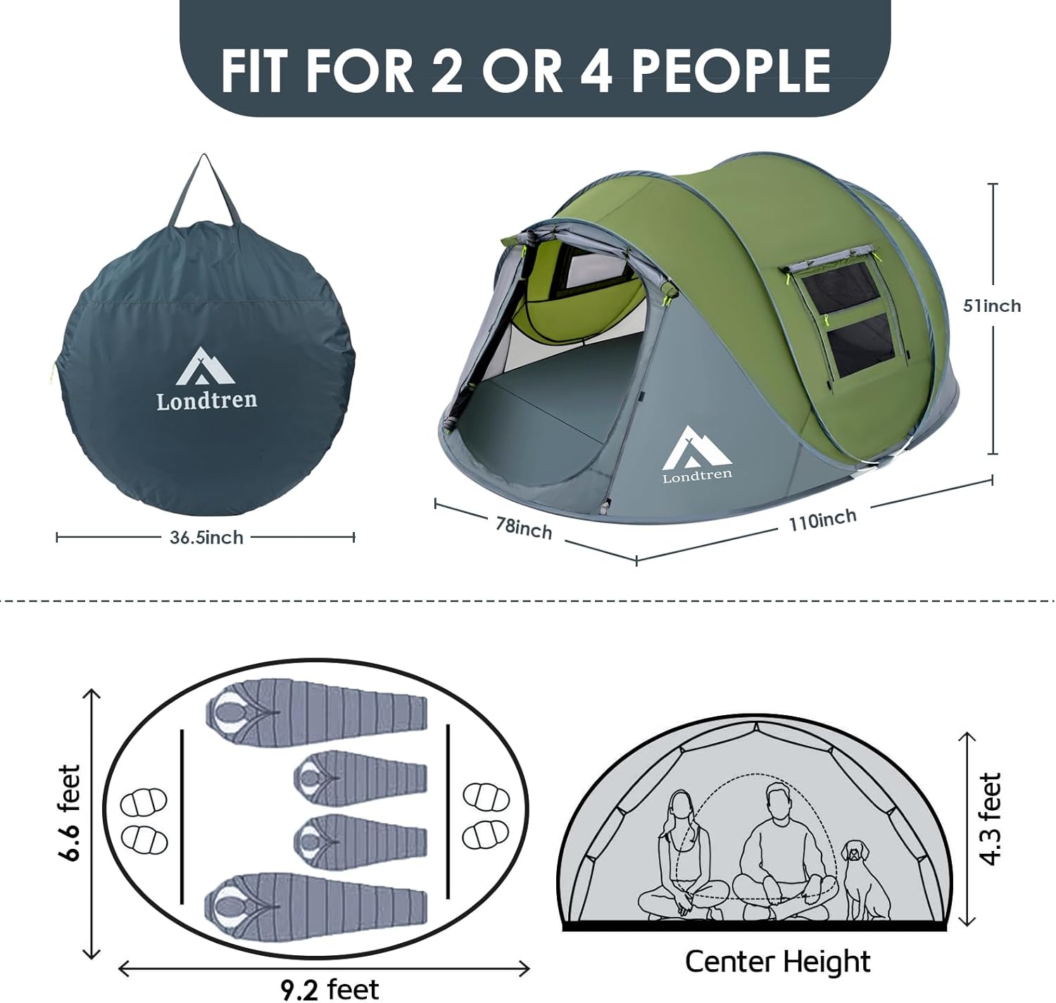 ORANGLES 4 Person Pop Up Camping Tent Waterproof | Instant Automatic Setup Family Dome Tent with 2 Doors for Hiking & Travel - full product showcase - Image 5 of 5 | suitable for professionals | Florida | Free Shipping ORANGLES