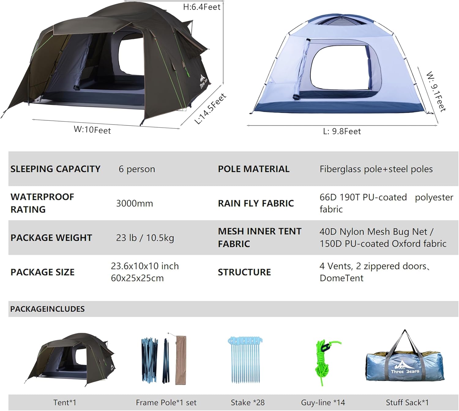 ORANGLES Three Bears 6 Person Family Camping Tent | 3000mm Waterproof Spacious Outdoor Tent for Road Trips, Backyard & Extended Camping - elegant presentation - Image 6 of 6 | designed for enthusiasts | Illinois | Free Shipping ORANGLES