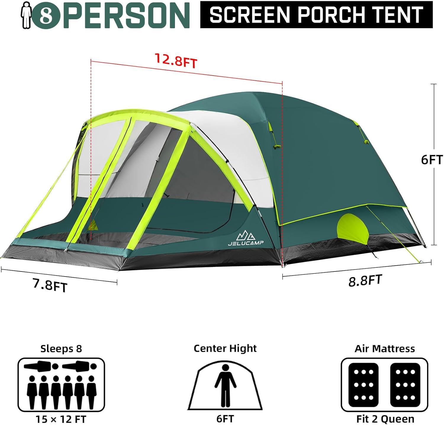 ORANGLES JELUCAMP 6–8 Person Large Family Camping Tent | Waterproof Screened Tent with Porch, Rainfly & Carry Bag for Easy Setup Outdoor Camping - full product showcase - Image 5 of 5 | suitable for professionals | Florida | Free Shipping ORANGLES
