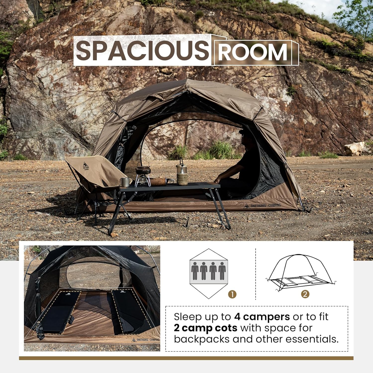 ORANGLES OneTigris JOVIAN 4 Person Camping Tent 3-Season | Waterproof Family Shelter with 2000mm Rainfly & 5000mm Floor for Backpacking & Outdoor Use - detailed closeup view - Image 3 of 5 | great for travel | Texas | Free Shipping ORANGLES