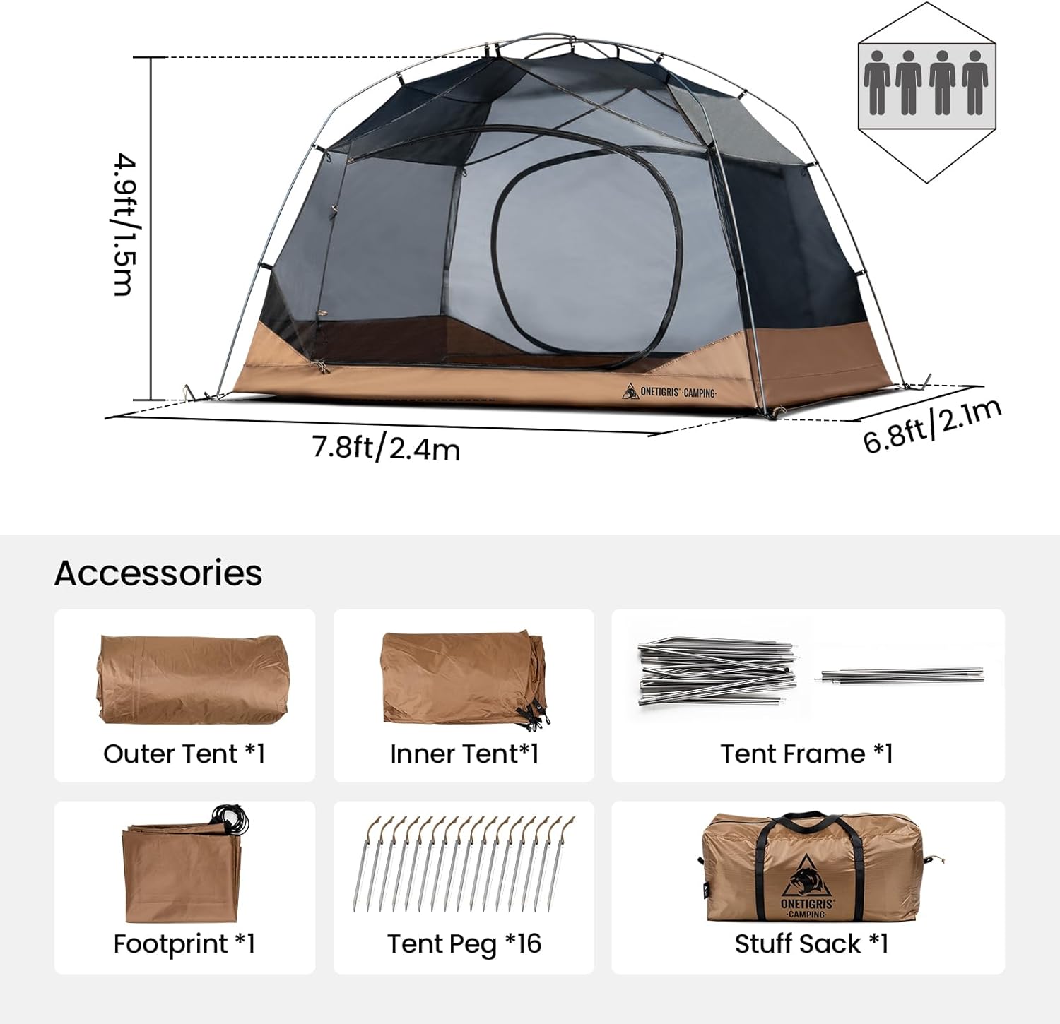 ORANGLES OneTigris JOVIAN 4 Person Camping Tent 3-Season | Waterproof Family Shelter with 2000mm Rainfly & 5000mm Floor for Backpacking & Outdoor Use - angled perspective - Image 4 of 5 | excellent for daily use | New York | Free Shipping ORANGLES