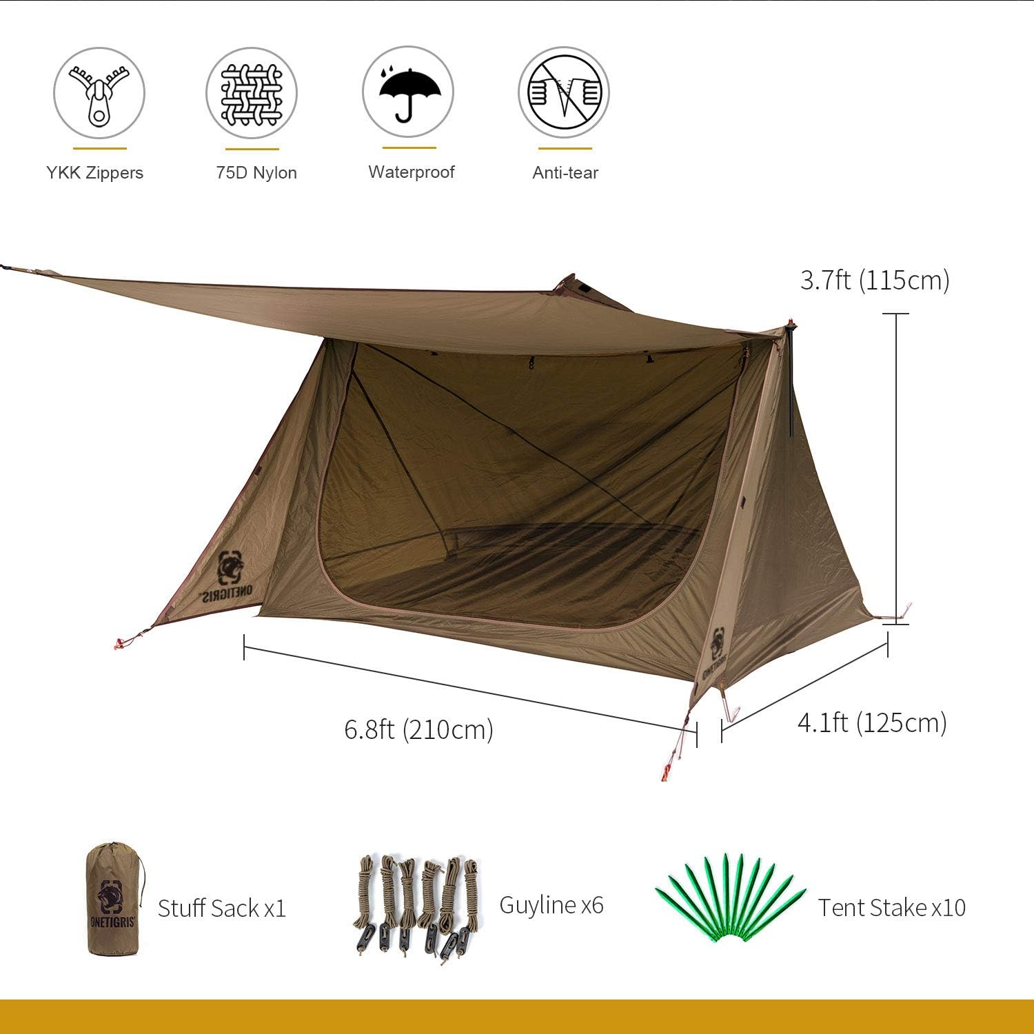 ORANGLES OneTigris Backwoods Bungalow Bushcraft Shelter 2.0 | Ultralight Backpacking Tent with Porch for Camping, Hiking & Adventure Travel - detailed closeup view - Image 3 of 4 | great for travel | Texas | Free Shipping ORANGLES
