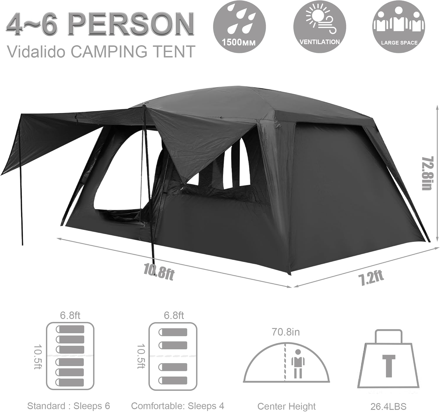 ORANGLES Vidalido 4–6 Person Camping Tent | 3 Door 2 Room Large Family Cabin Tent Double Layer Waterproof Glamping Tent for Outdoor Camping - high resolution display - Image 2 of 5 | perfect for office | California | Free Shipping ORANGLES