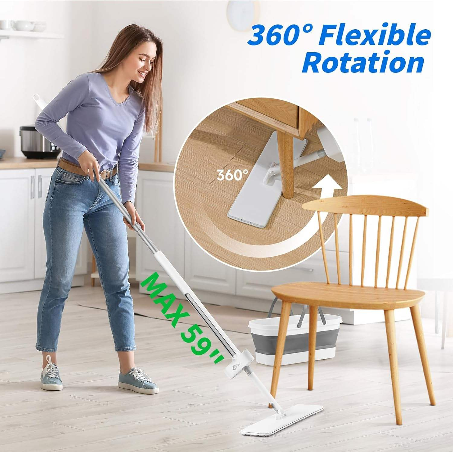 ORANGLES Factory Wholesale Foldable Flat Mop with Bucket on Wheels | Reusable Microfiber Floor Cleaning System OEM Supply - detailed closeup view - Image 3 of 4 | great for travel | Texas | Free Shipping ORANGLES