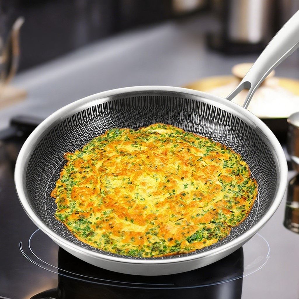 ORANGLES 3-Ply 304 Stainless Steel Frying Pan 20/24/28CM | Honeycomb Non-Stick Flat Bottom Pan with Glass Lid No Coating - high resolution display - Image 2 of 6 | perfect for office | California | Free Shipping ORANGLES