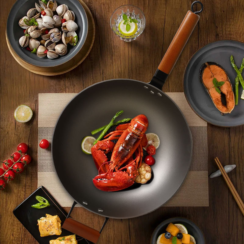ORANGLES 32cm Lightweight Cast Iron Wok Pan | Non-Stick Chinese Wok with Glass Lid & Wooden Handle for Home & Restaurant Cooking - high resolution display - Image 2 of 5 | perfect for office | California | Free Shipping ORANGLES