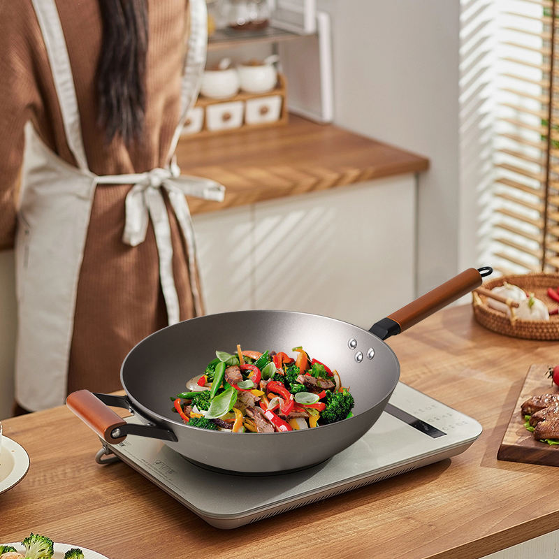 ORANGLES 32cm Lightweight Cast Iron Wok Pan | Non-Stick Chinese Wok with Glass Lid & Wooden Handle for Home & Restaurant Cooking - angled perspective - Image 4 of 5 | excellent for daily use | New York | Free Shipping ORANGLES