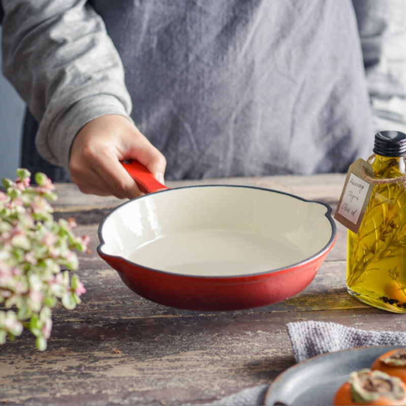 ORANGLES Enameled Cast Iron Skillet Round Frying Pan | Porcelain Enamel Coated Multipurpose Pan with Pour Spouts - angled perspective - Image 4 of 6 | excellent for daily use | New York | Free Shipping ORANGLES