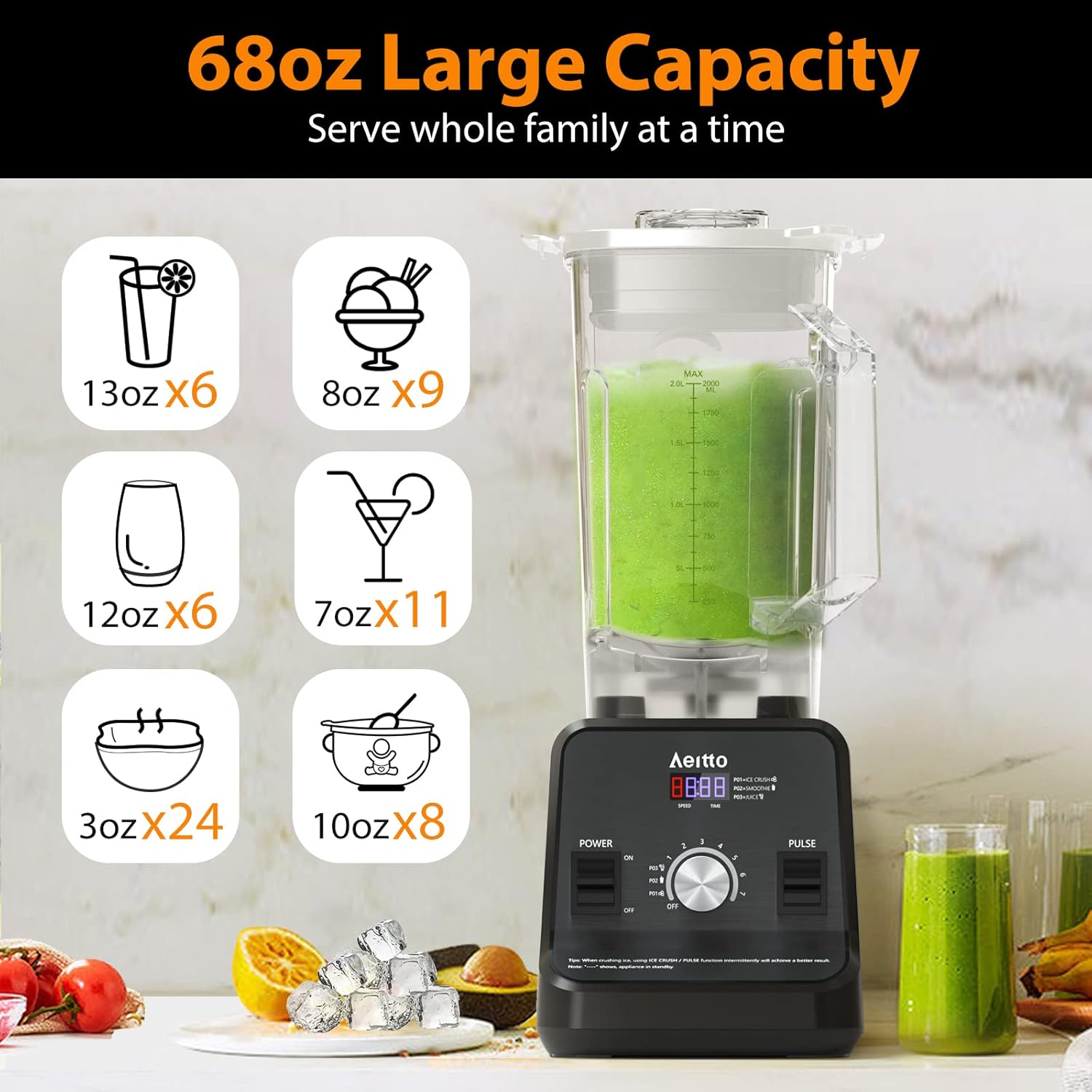 ORANGLES Aeitto 1500W Professional Kitchen Blender | 68oz Large Capacity Countertop Smoothie Blender for Ice Crush & Frozen Drinks - detailed closeup view - Image 3 of 4 | great for travel | Texas | Free Shipping ORANGLES