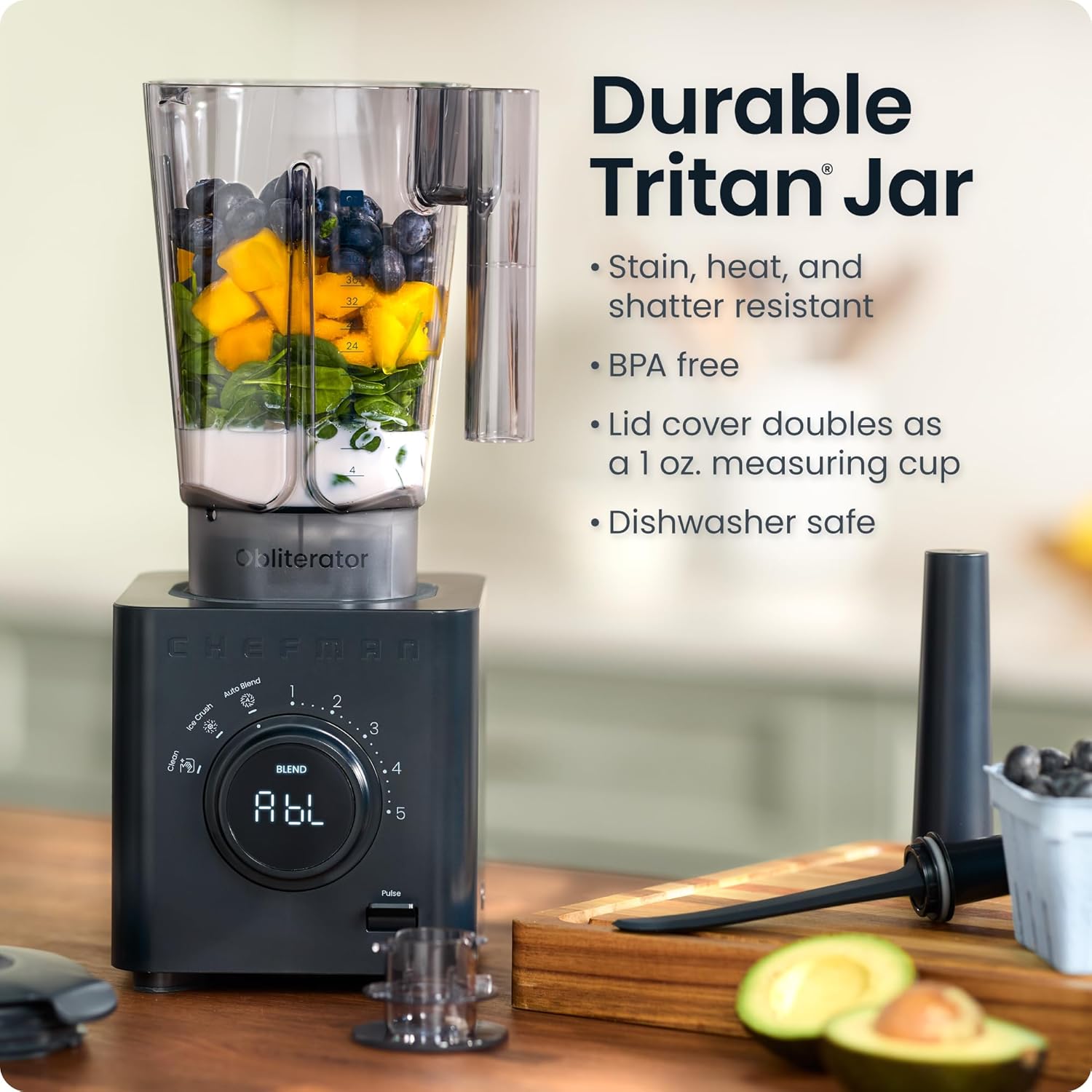 ORANGLES Chefman Obliterator 48oz Countertop Blender 1380W | High-Power Smoothie Blender for Ice, Nuts & Frozen Fruit with Auto Blend Function - high resolution display - Image 2 of 5 | perfect for office | California | Free Shipping ORANGLES