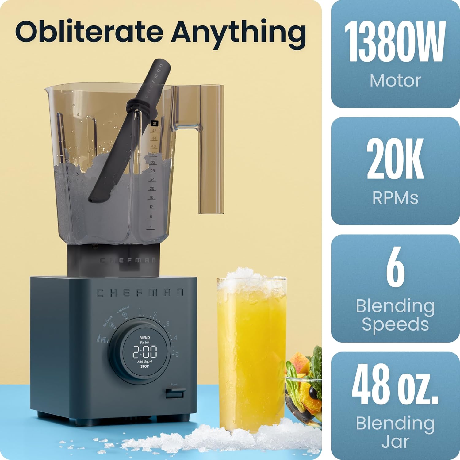 ORANGLES Chefman Obliterator 48oz Countertop Blender 1380W | High-Power Smoothie Blender for Ice, Nuts & Frozen Fruit with Auto Blend Function - angled perspective - Image 4 of 5 | excellent for daily use | New York | Free Shipping ORANGLES