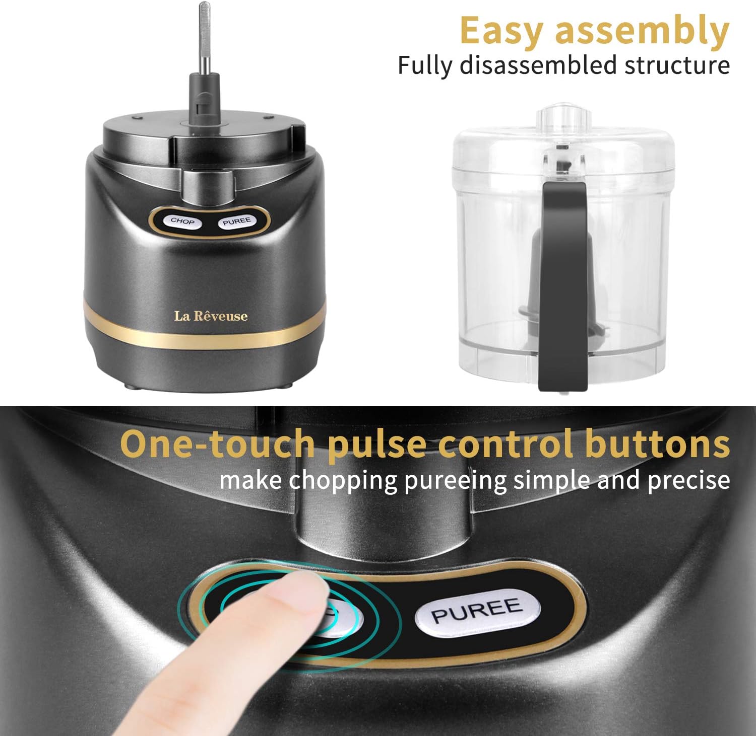 ORANGLES La Reveuse Electric Mini Food Processor 200W | 2-Cup Compact Chopper for Mincing, Grinding & Pureeing (Metallic Grey) - high resolution display - Image 2 of 4 | perfect for office | California | Free Shipping ORANGLES