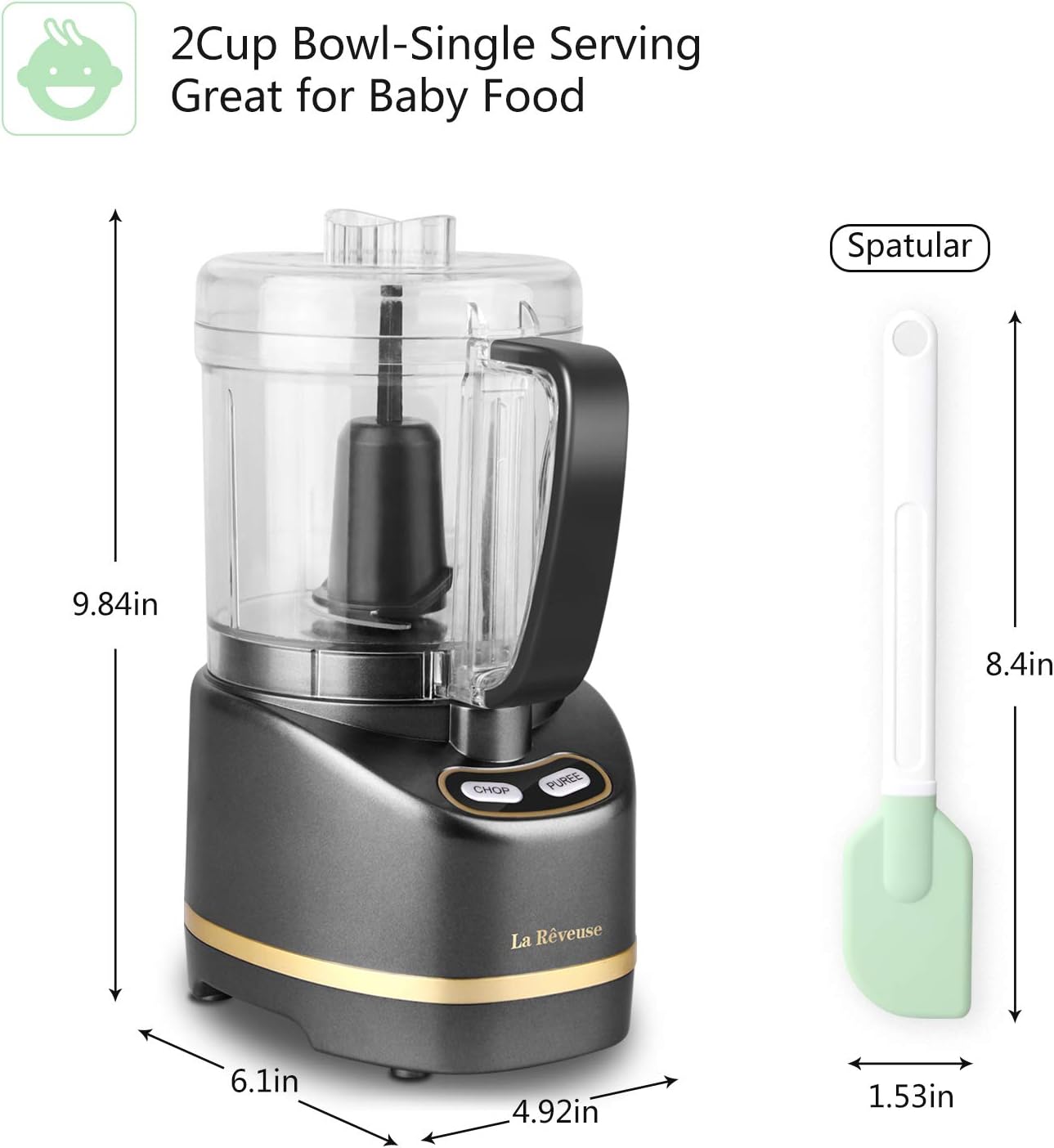 ORANGLES La Reveuse Electric Mini Food Processor 200W | 2-Cup Compact Chopper for Mincing, Grinding & Pureeing (Metallic Grey) - detailed closeup view - Image 3 of 4 | great for travel | Texas | Free Shipping ORANGLES