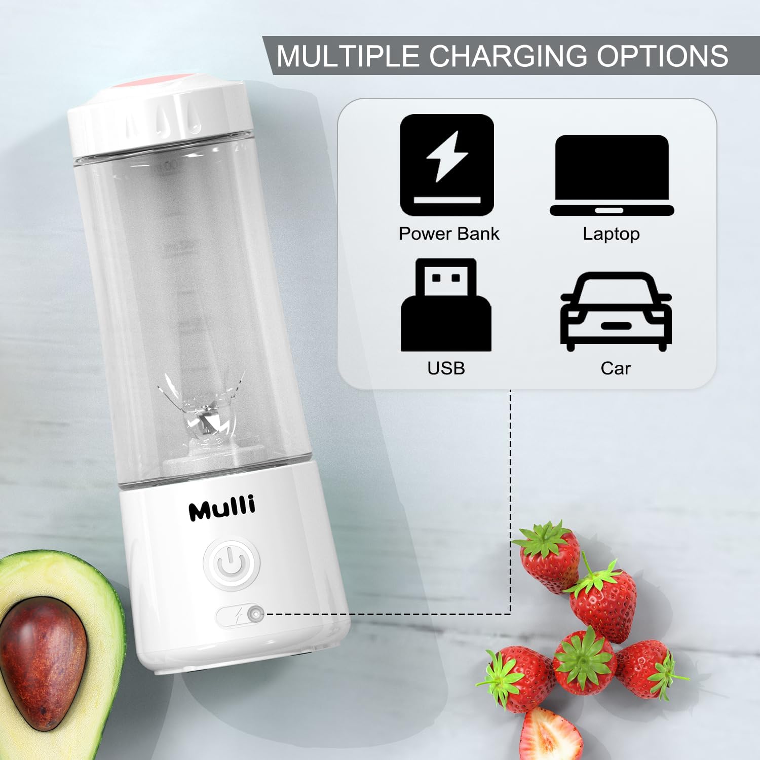 ORANGLES Mulli Portable Blender USB Rechargeable | Personal Mini Smoothie & Shake Maker with 6 Blades for Baby Food, Travel & Gym - detailed closeup view - Image 3 of 4 | great for travel | Texas | Free Shipping ORANGLES