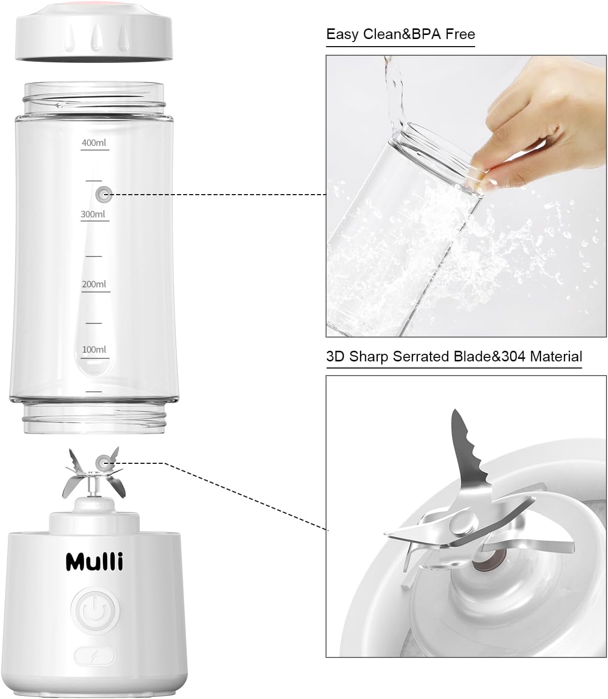 ORANGLES Mulli Portable Blender USB Rechargeable | Personal Mini Smoothie & Shake Maker with 6 Blades for Baby Food, Travel & Gym - angled perspective - Image 4 of 4 | excellent for daily use | New York | Free Shipping ORANGLES
